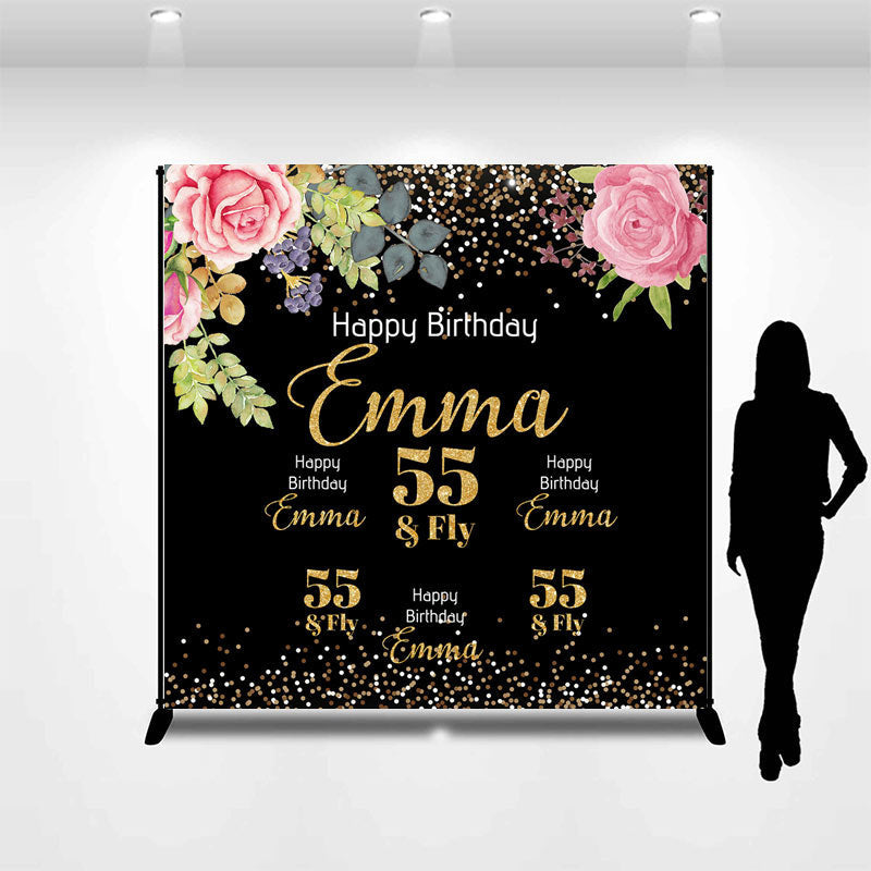 Lofaris Glitter Floral Custom Name 55th Birthday Backdrop