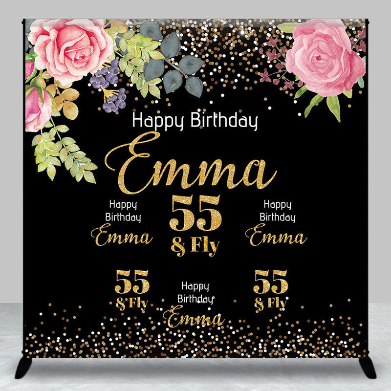Lofaris Glitter Floral Custom Name 55th Birthday Backdrop