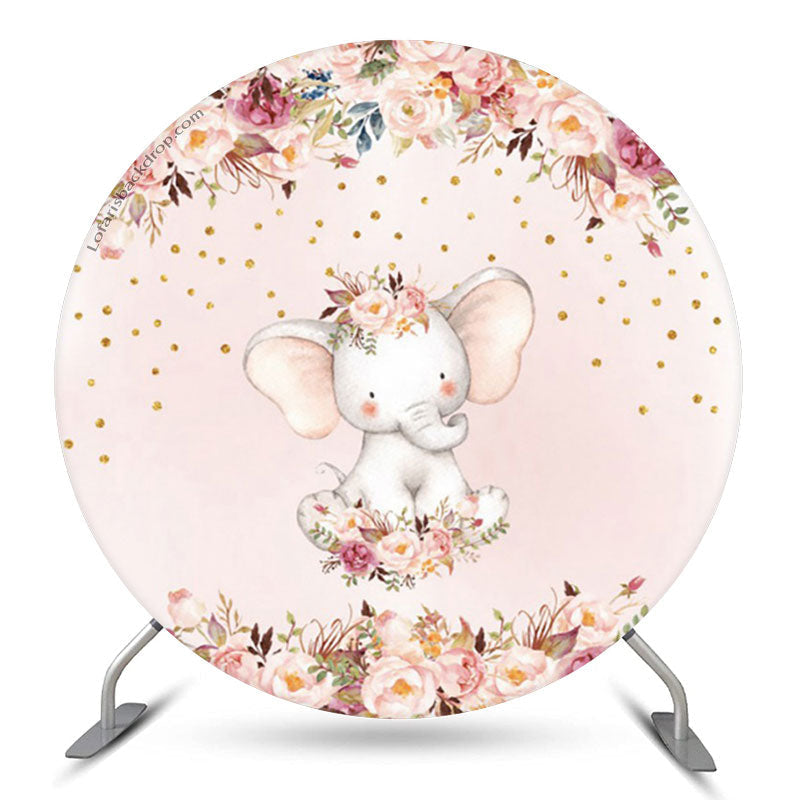Lofaris Glitter Floral Elephant Round Baby Shower Backdrop