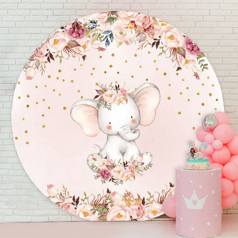 Lofaris Glitter Floral Elephant Round Baby Shower Backdrop