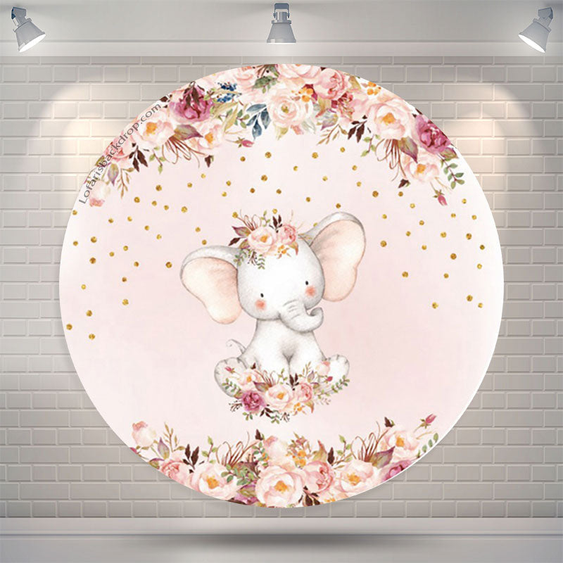 Lofaris Glitter Floral Elephant Round Baby Shower Backdrop