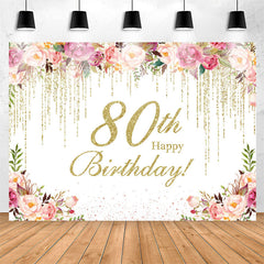 Lofaris Glitter Floral Happy 80th Birthday Party Backdrop