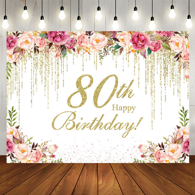 Lofaris Glitter Floral Happy 80th Birthday Party Backdrop