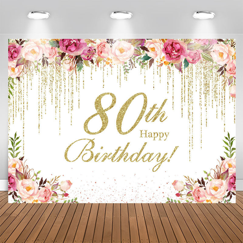 Lofaris Glitter Floral Happy 80th Birthday Party Backdrop