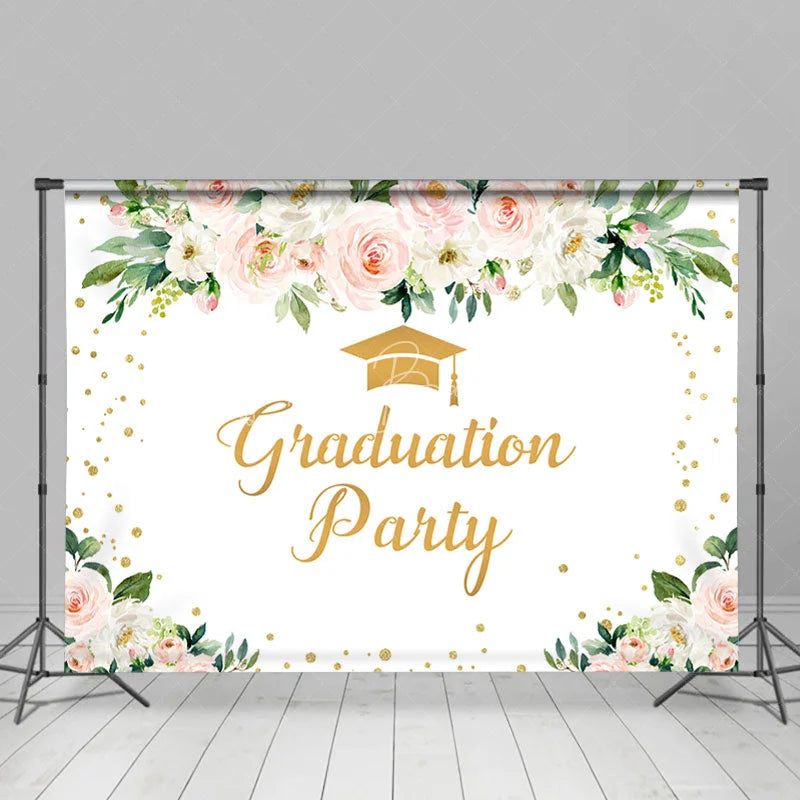 Lofaris Glitter Gold And Pink Floral Graduation Party Backdrop