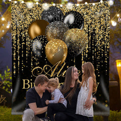 Lofaris Glitter Gold Black Balloon Custom Birthday Backdrop