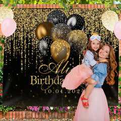 Lofaris Glitter Gold Black Balloon Custom Birthday Backdrop