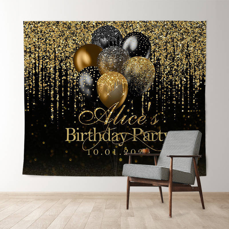 Lofaris Glitter Gold Black Balloon Custom Birthday Backdrop