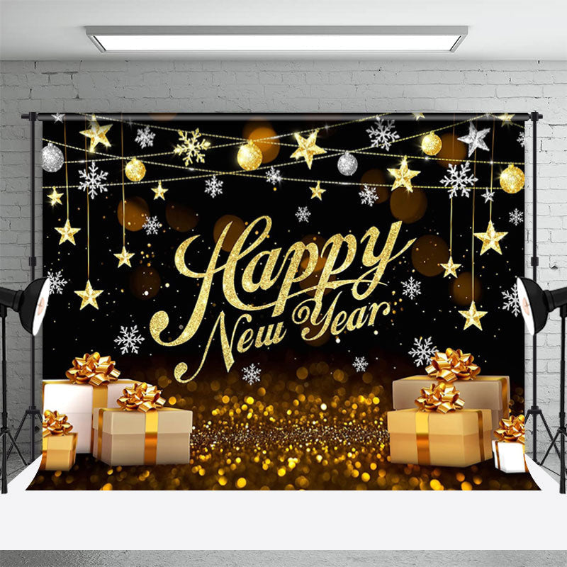 Lofaris Glitter Gold Gift Box Snowflake New Year Backdrop