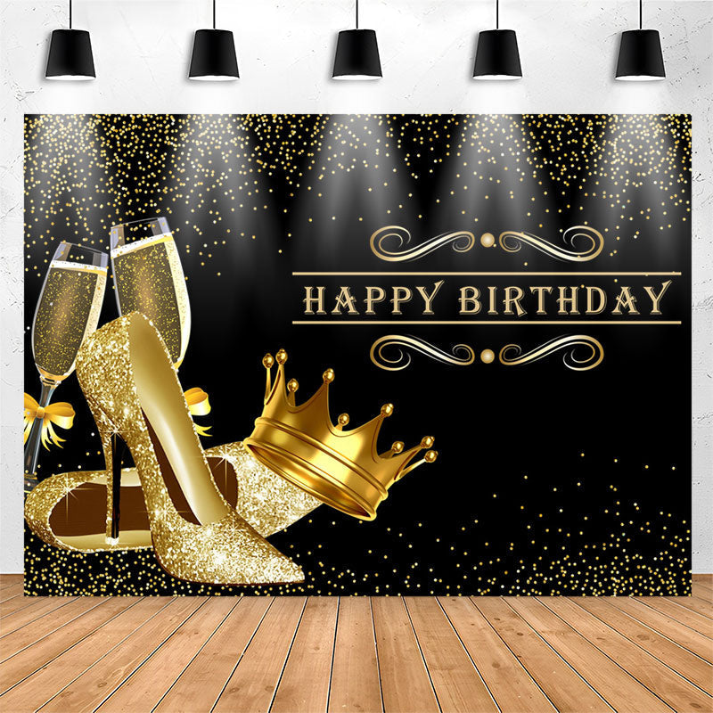 Lofaris Glitter Golden Heels Crown Black Birthday Backdrop