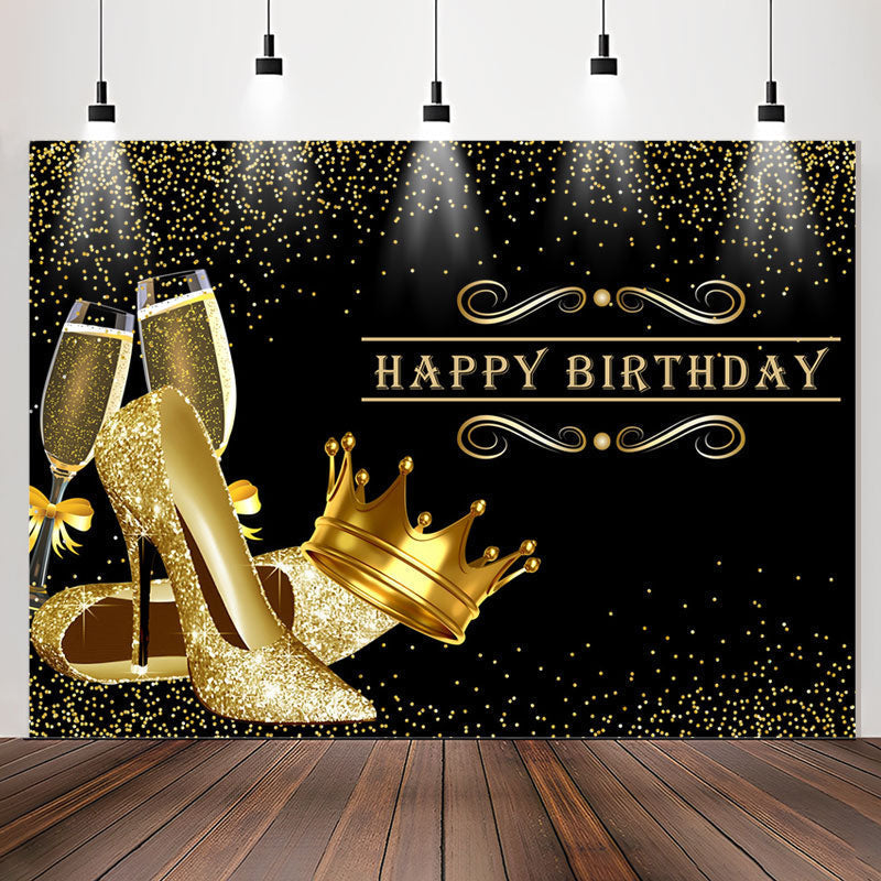Lofaris Glitter Golden Heels Crown Black Birthday Backdrop