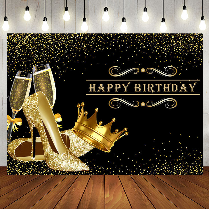 Lofaris Glitter Golden Heels Crown Black Birthday Backdrop