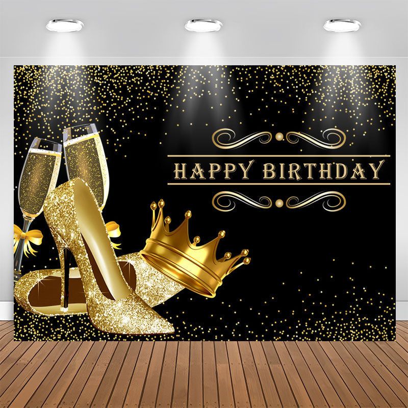 Lofaris Glitter Golden Heels Crown Black Birthday Backdrop