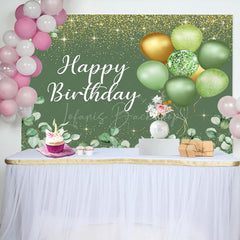 Lofaris Glitter Green Balloons Happy Birthday Backdrop