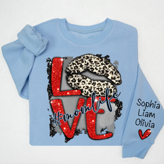 Lofaris Glitter Love Mom Life Sweatshirt With Kids Name On Sleeve Personalized Mother Day Gift For LTP01