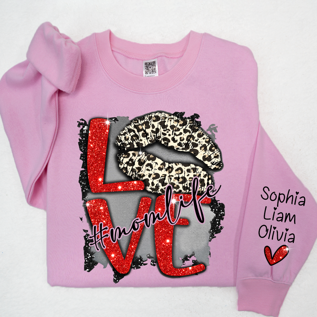 Lofaris Glitter Love Mom Life Sweatshirt With Kids Name On Sleeve Personalized Mother Day Gift For LTP01
