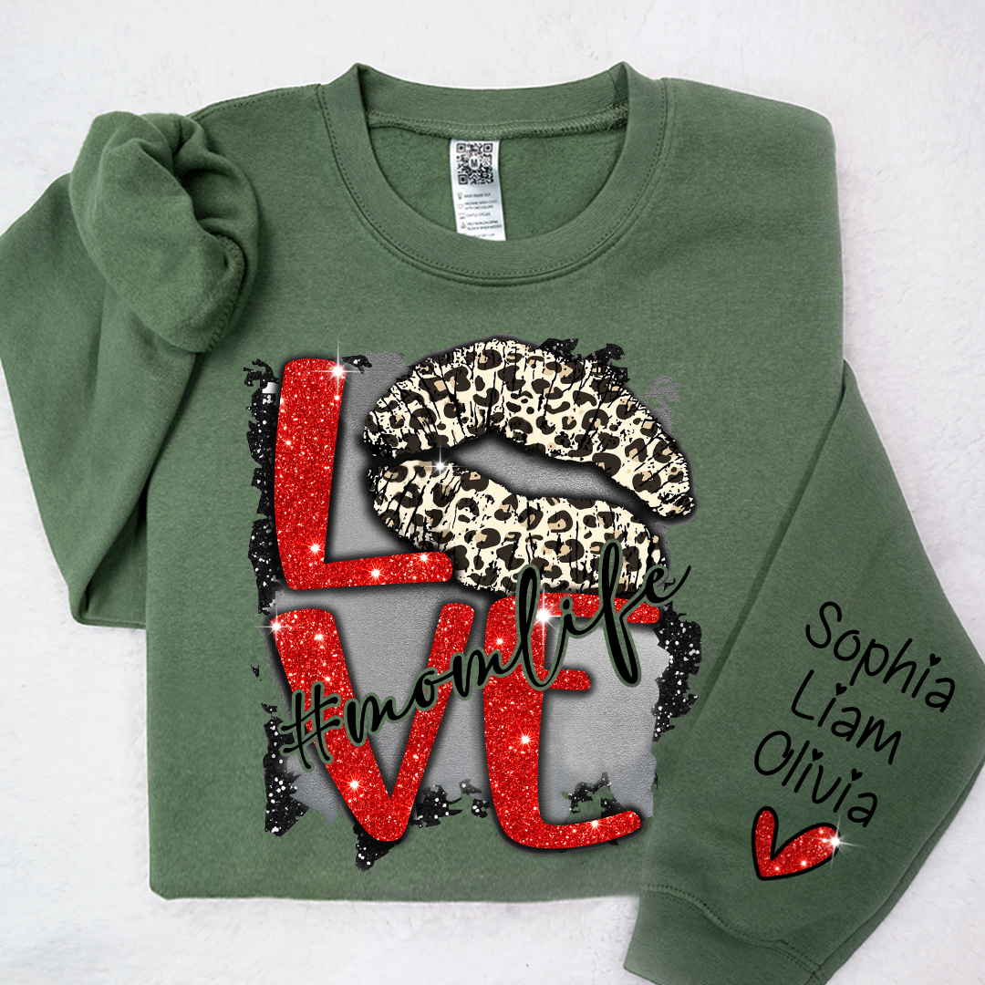 Lofaris Glitter Love Mom Life Sweatshirt With Kids Name On Sleeve Personalized Mother Day Gift For LTP01