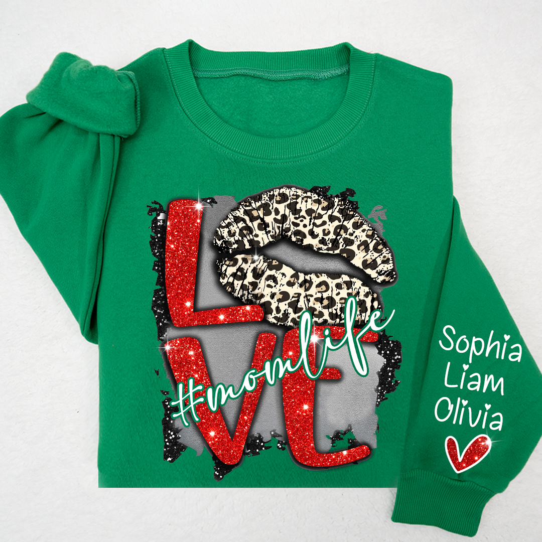 Lofaris Glitter Love Mom Life Sweatshirt With Kids Name On Sleeve Personalized Mother Day Gift For LTP01