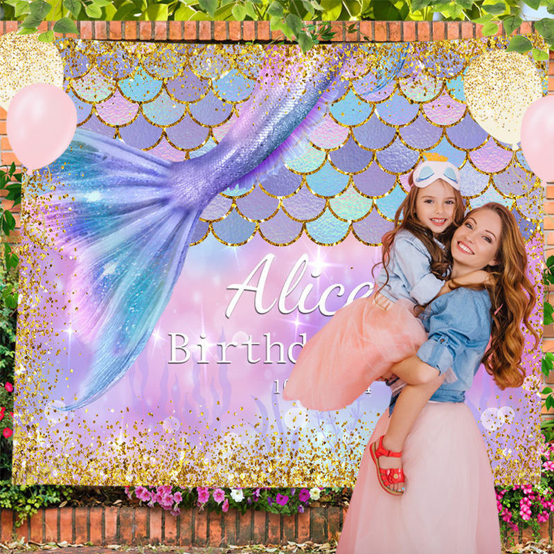 Lofaris Glitter Mermaid Fishtail Custom Birthday Backdrop