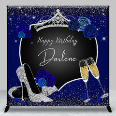 Lofaris Glitter Navy Blue Floral Custom Birthday Backdrop