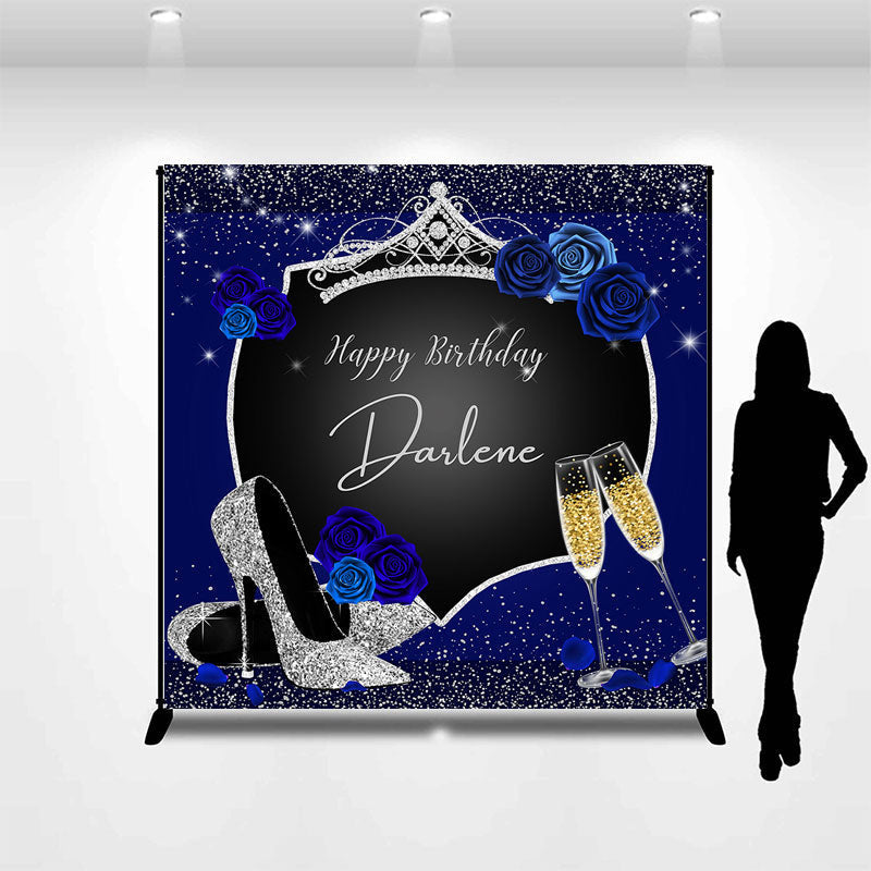 Lofaris Glitter Navy Blue Floral Custom Birthday Backdrop