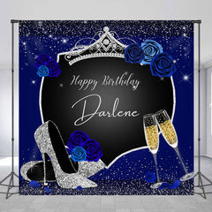 Lofaris Glitter Navy Blue Floral Custom Birthday Backdrop