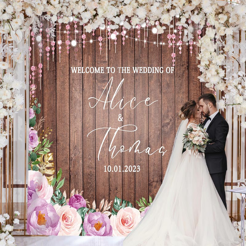 Lofaris Glitter Purple Floral Wooden Theme Wedding Backdrop