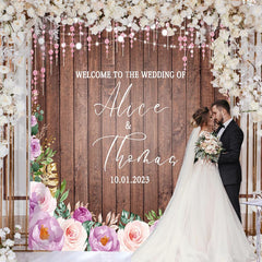 Lofaris Glitter Purple Floral Wooden Theme Wedding Backdrop