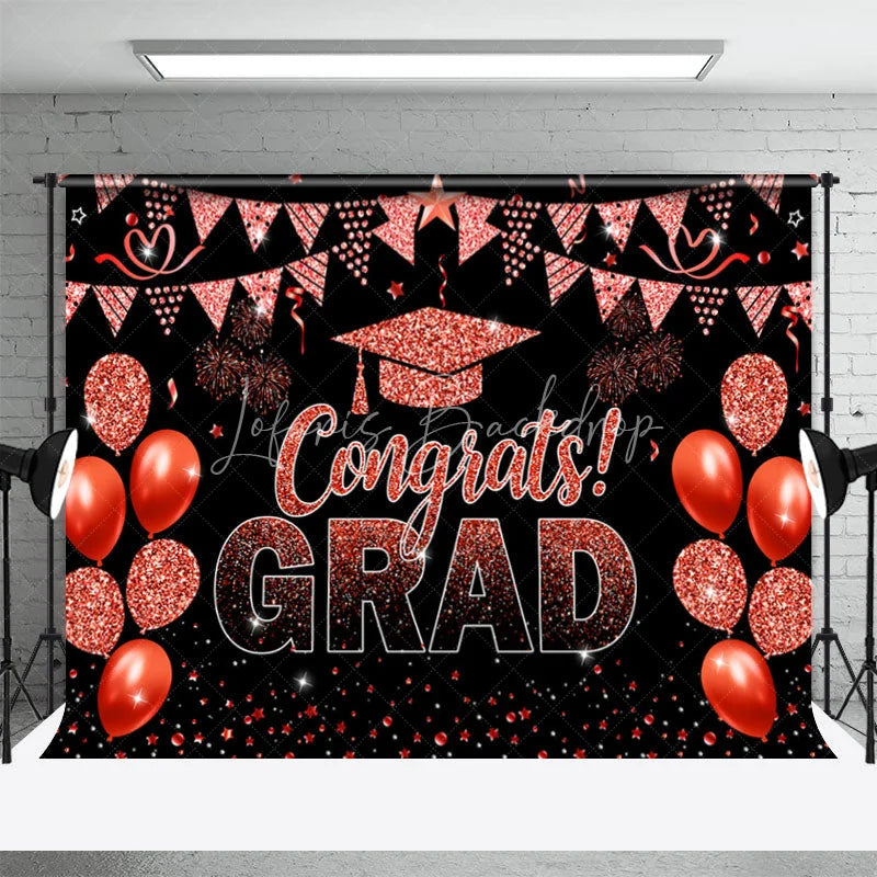 Lofaris Glitter Red Balloons Flag Black Graduation Backdrop