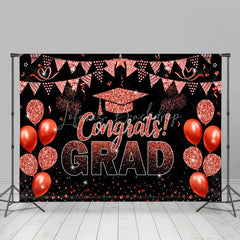 Lofaris Glitter Red Balloons Flag Black Graduation Backdrop