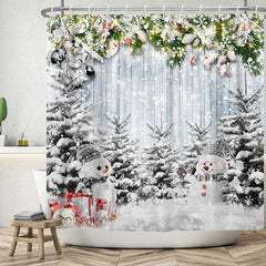 Lofaris Glitter Snowy Tree Snowman Christmas Shower Curtain