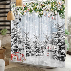 Lofaris Glitter Snowy Tree Snowman Christmas Shower Curtain