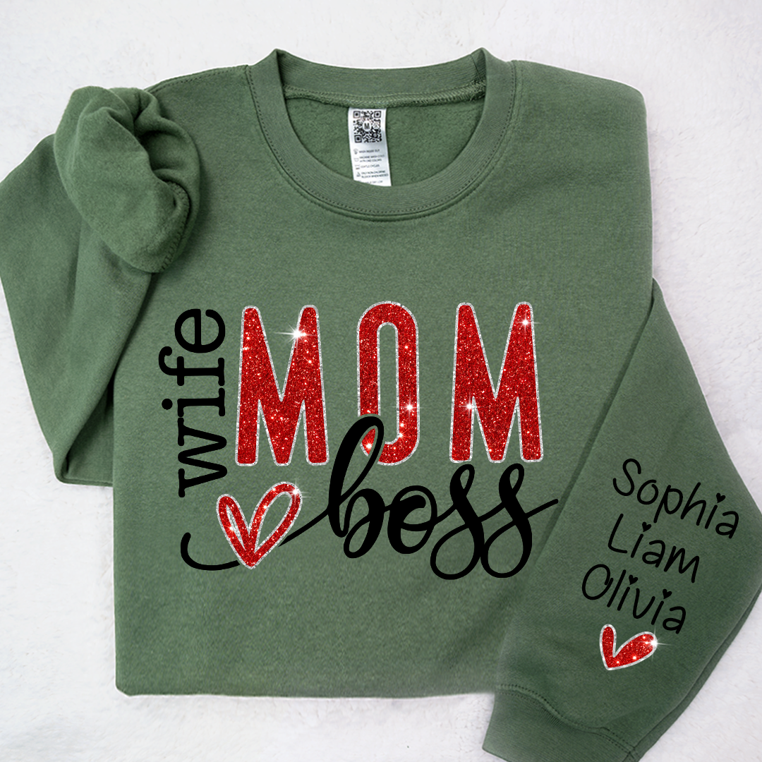 Lofaris Glitter Wife Mom Boss Heart Kids Custom Sweatshirt