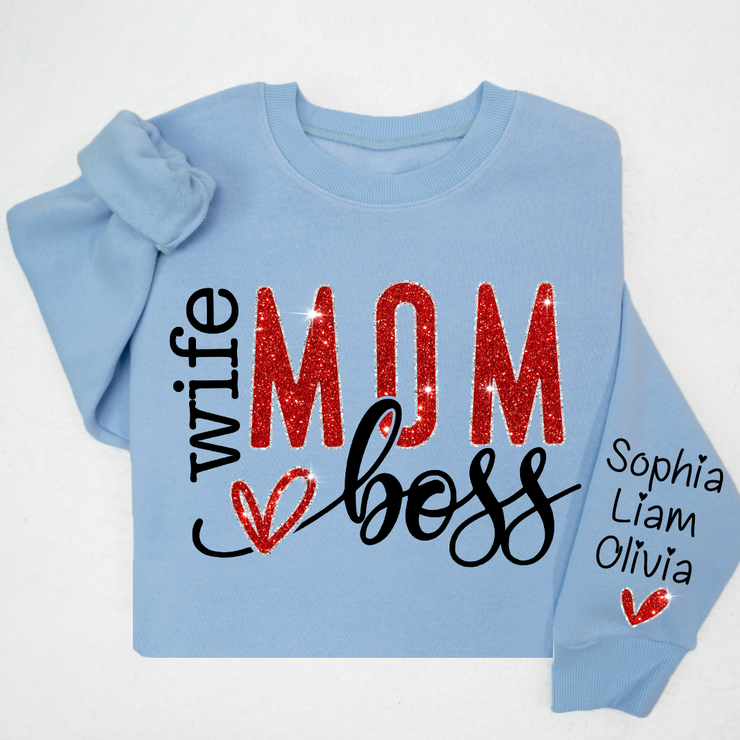 Lofaris Glitter Wife Mom Boss Heart Kids Custom Sweatshirt