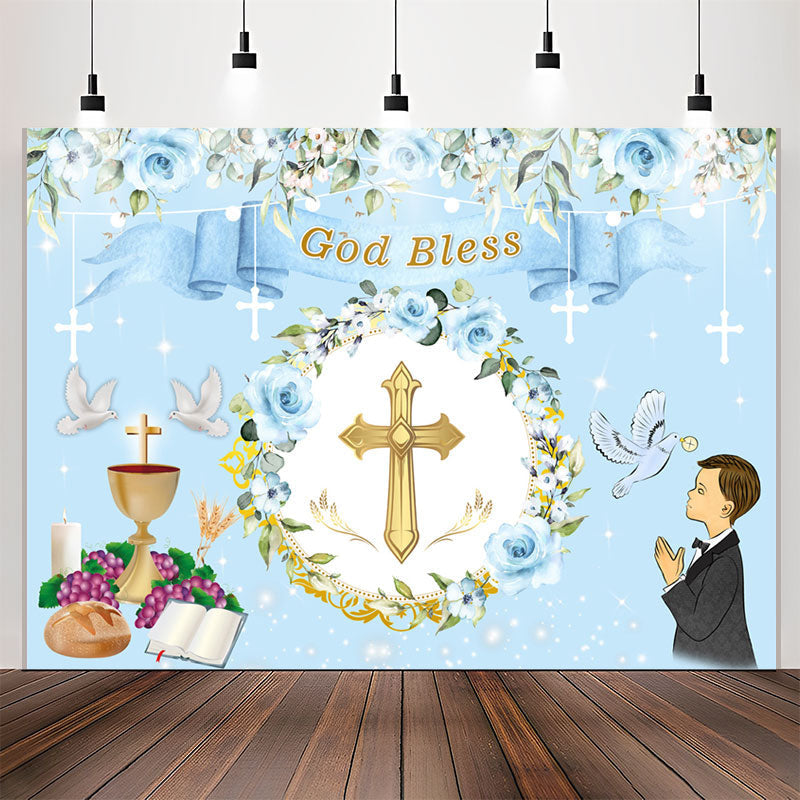 Lofaris God Bless Blue Floral Baptism Backdrop For Boy