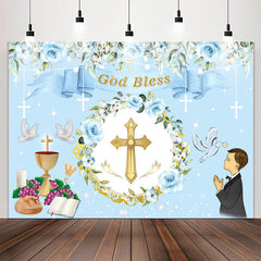 Lofaris God Bless Blue Floral Baptism Backdrop For Boy