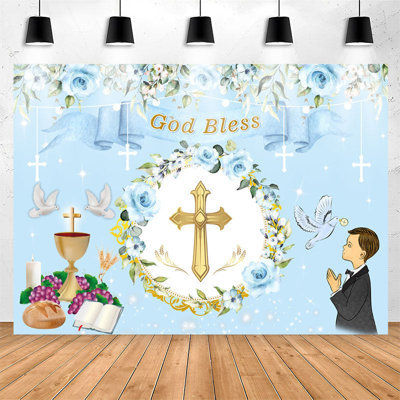 Lofaris God Bless Blue Floral Baptism Backdrop For Boy
