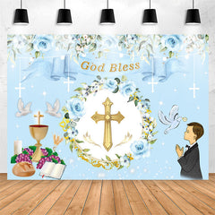 Lofaris God Bless Blue Floral Baptism Backdrop For Boy