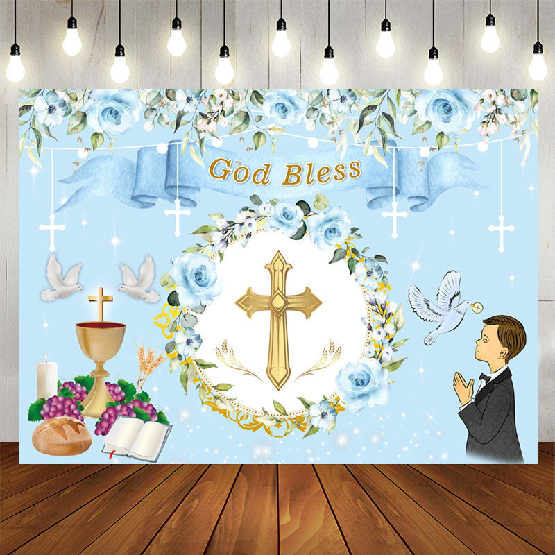 Lofaris God Bless Blue Floral Baptism Backdrop For Boy