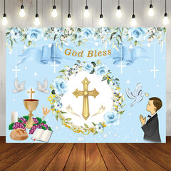 Lofaris God Bless Blue Floral Baptism Backdrop For Boy