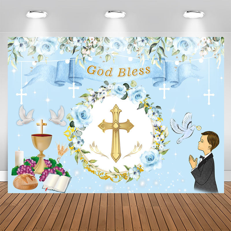 Lofaris God Bless Blue Floral Baptism Backdrop For Boy