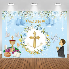 Lofaris God Bless Blue Floral Baptism Backdrop For Boy
