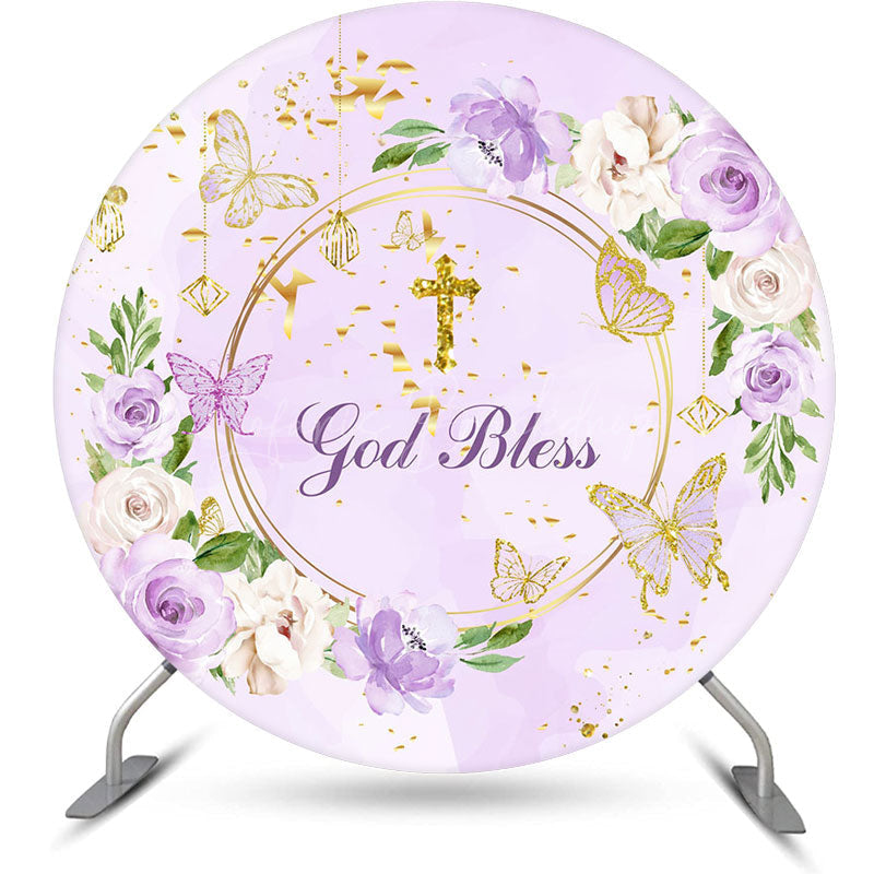 Lofaris God Bless Purple Floral Cross Round Baptism Backdrop
