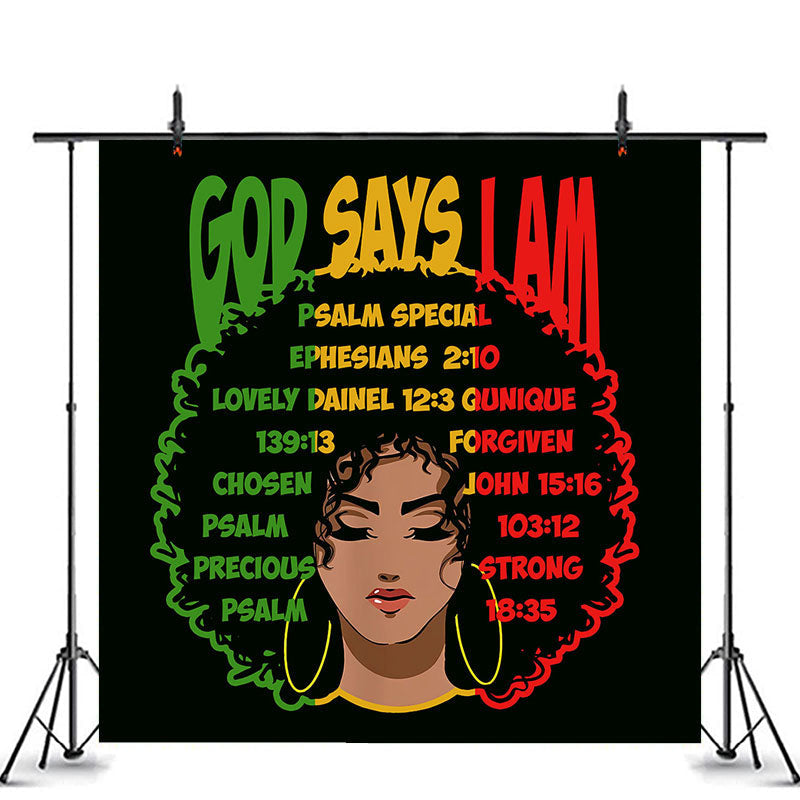 Lofaris God Says I Am Bible Afro Woman Black Party Backdrop