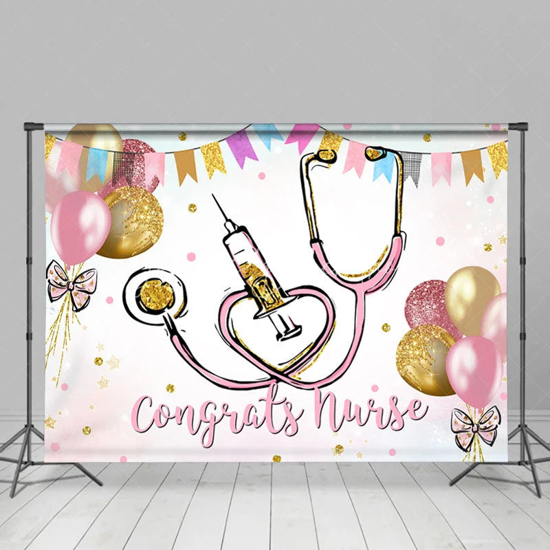 Lofaris Gold And Pink Glitter Ballons Congrats Nurse Backdrop