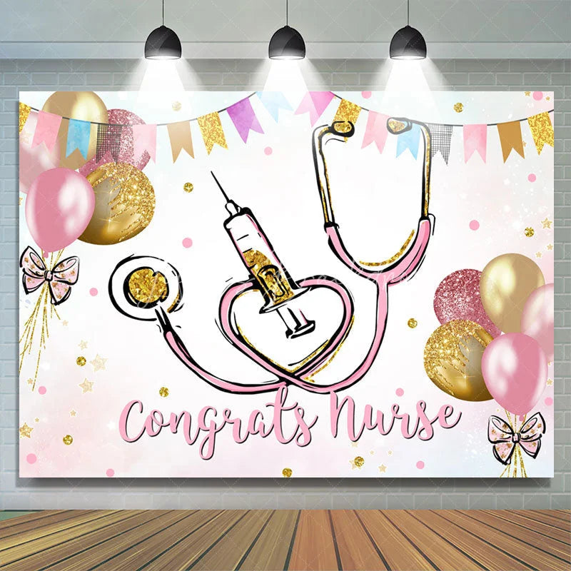 Lofaris Gold And Pink Glitter Ballons Congrats Nurse Backdrop