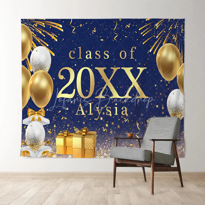 Lofaris Gold Ballons And Gifts Bokeh Blue Class Of 2022 Backdrop
