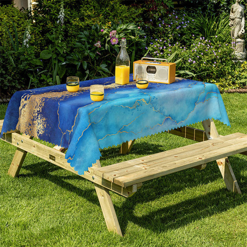 Lofaris Gold Blue Teal Marble Vein Rectangle Tablecloth