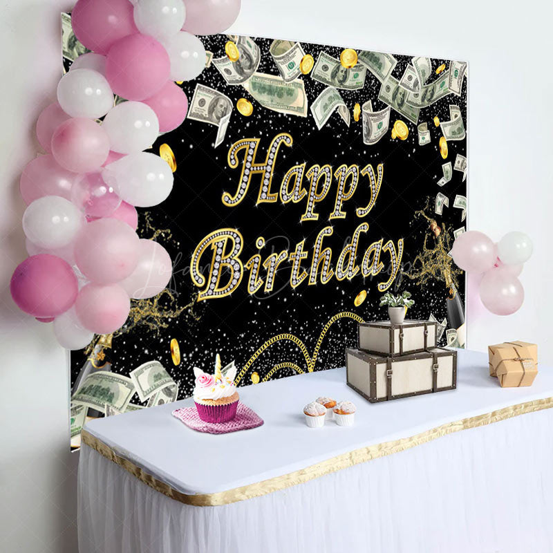 Lofaris Gold Coins Dollar Bills Spark Black Birthday Backdrop