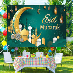 Lofaris Gold Crescent Green Pattern Eid Mubarak Backdrop